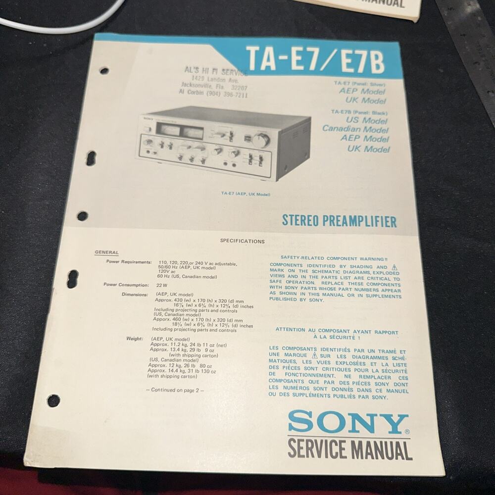 Sony TA-E7B Preamp / Preamplifier Service Manual *Original*